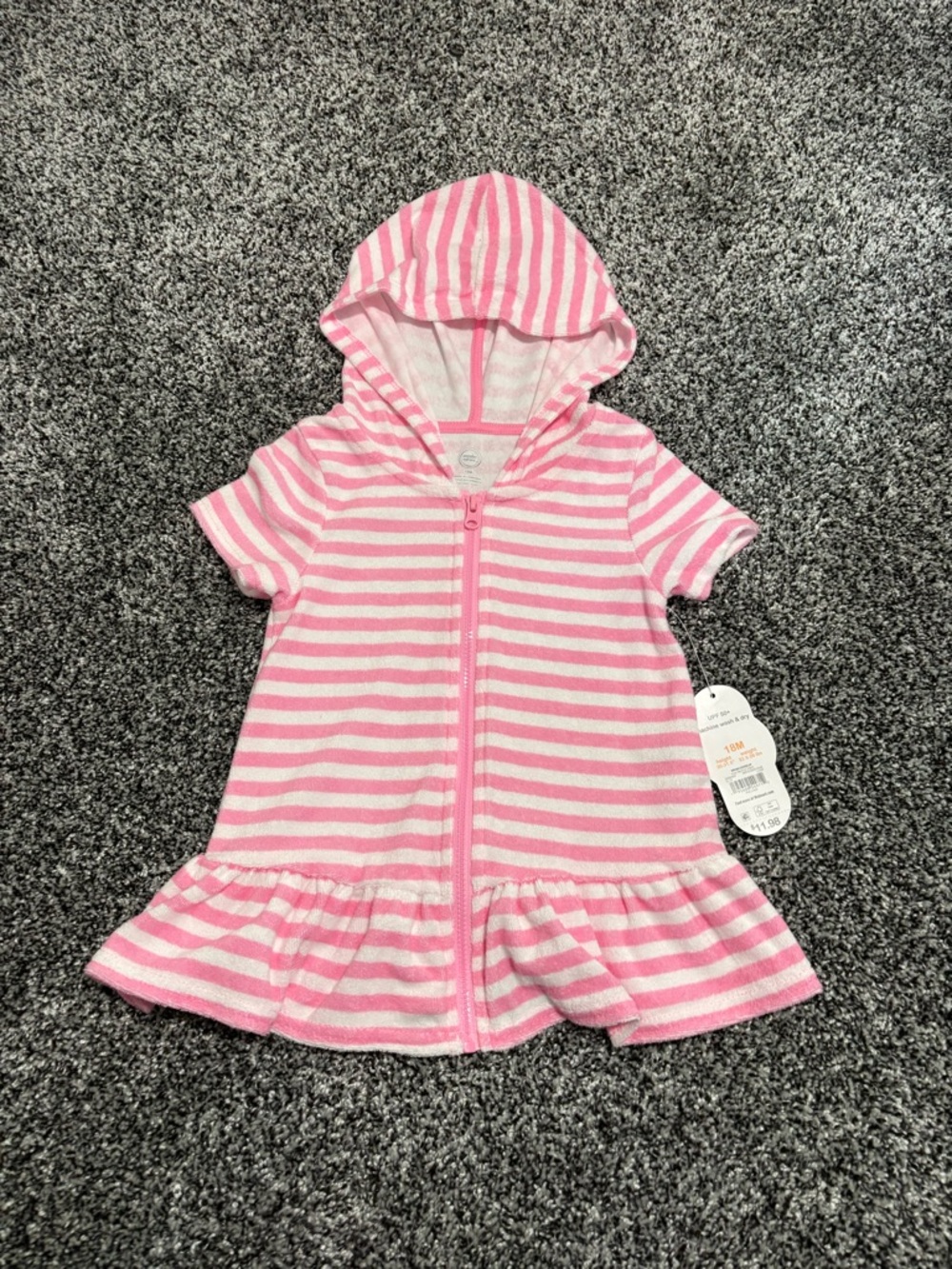 NWT Girls 18 mo Pink & White Striped Hooded Zip up swim cover